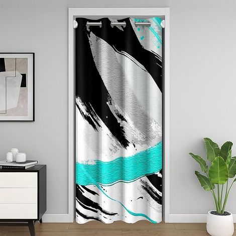 Noir Gris Cyan Rideau de Portes pour La Porte 132x203 Coups de Pinceau Peinture À L'Huile Rideau Occultant Dégradé Abstrait Vintage Rideau de Porte Ombre Doodle Rideau de Séparation de Chambre Moderne (1/5)