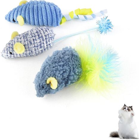 Lot de 3 jouets souris pour chat, souris à hochet garnies de herbe à chat avec ruban et plumes, jouets interactifs à mâcher nettoyant les dents pour chats d'intérieur pour le jeu et l'exercice quotidi (1/5)