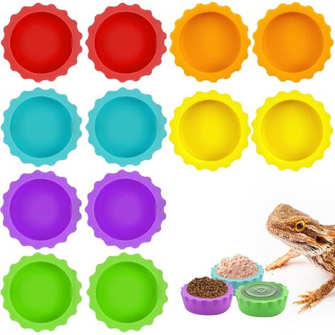 Set of 12 reusable silicone bowls for crested geckos, easy to clean, for hermit crabs, isopods, lizards, tarantulas. Includes food and water bowls. (1/5)