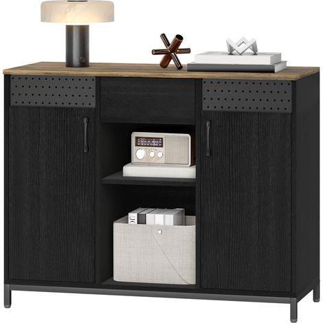 Buffet 2 portes ajourées, 2 compartiments et un tiroir, étagères réglables, 100 x 40 x 80 cm, noir (1/5)