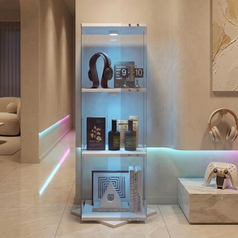 Vitrine Verre Rotative 360° Blanc, Cloisons en verre 3 Niveaux avec LED RGB - Vitrine indépendante, Anti-basculement,121x38x38 cm