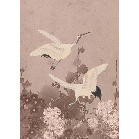 papier peint panoramique oiseaux de grue gris rose - ESTAhome (1/5)