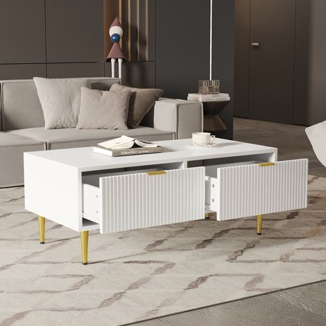 Tavolino da caffè MDF bianco e oro 100 cm con 2 cassetti