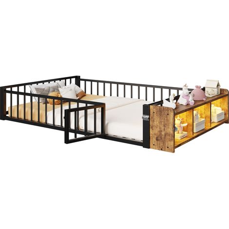 Lit cadre métallique 140 x 200 cm noir avec LED, rangement ouvert et barrière de sécurité, sans matelas, structure MDF et métal - CHICFURN (1/5)