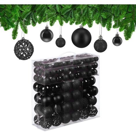 Relaxdays Weihnachtskugeln 150er Set, glitzernde, matte & glänzende Christbaumkugeln, Kunststoff, ∅ 3, 4 & 6 cm, schwarz