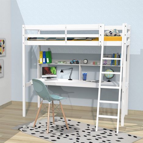 Le Quai Des Affaires – Lit mezzanine 90x190 cm avec bureau et étagère – Structure en pin massif – Hauteur de passage 150.5 cm – Finition blanche (1/3)