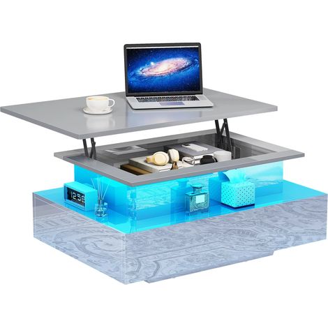 Table basse relevable haute brillance – Table de salon rectangulaire en bois avec plateau élévateur, 2 tiroirs, rangement et bande LED (1/5)