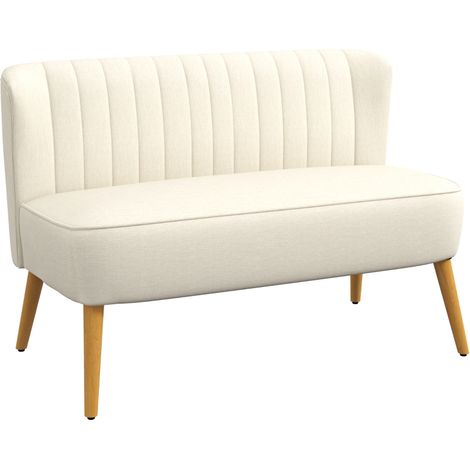 Canapé 2 places en tissu lin, sans accoudoirs, pieds en bois, dimensions 117x56,5x77 cm, coloris blanc crème.