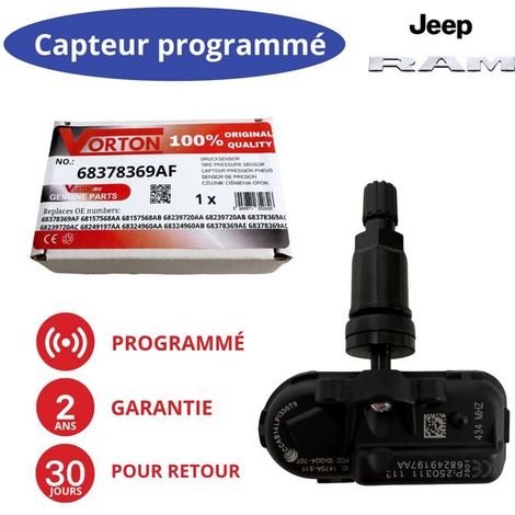 Sensore TPMS preprogrammato 433MHz valvola nera per RAM 1500/2500/3500 (2014-2024) e Jeep Cherokee (2014-2023)
