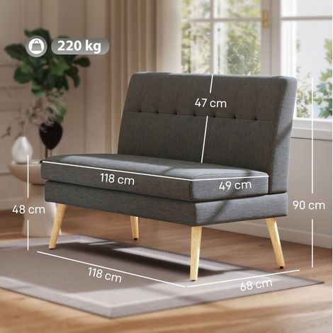 Sofá compacto 2 plazas con respaldo capitoné, tejido lino y patas de madera, gris oscuro DESVIAE (1/2)