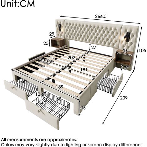Ensemble de literie rembourré 180x200 cm avec 2 tables de nuit à 4 tiroirs, tête de lit avec éclairage de lecture et port USB, beige, velours (sans matelas)