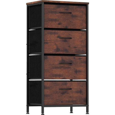 COSTWAY Cassettiera con 4 Cassetti, Torre Portaoggetti in Tessuto con Piano in Legno e Maniglie, Struttura Metallica, Comò per Ingresso, Soggiorno e Armadio (Marrone)