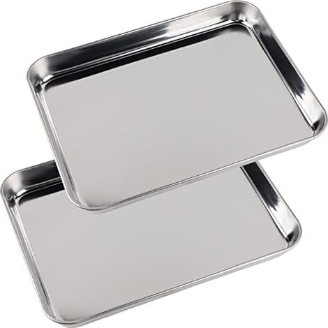 Lot de 2 plaques de cuisson rectangulaires en acier inoxydable, compatibles lave-vaisselle, 26 x 20 x 2,5 cm (1/5)