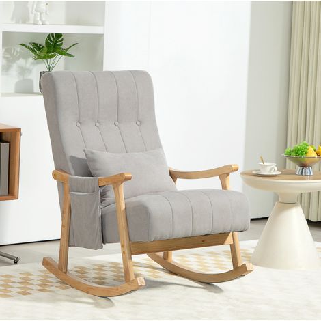 Silla mecedora de poliéster gris con cojín lumbar y bolsillos laterales, estructura de madera de haya, 65 x 90 x 98 cm (1/5)