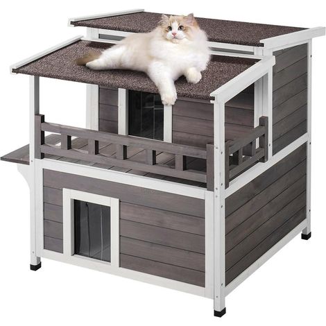 Maison pour Chat d'Extérieur Niche en Bois 2 Étages Abri avec Balcon Toit Ouvrant Étanche 75x75x82 cm (1/4)