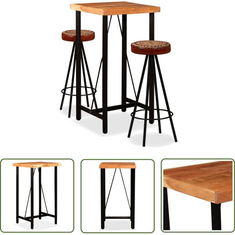 The Living Store Bar-Set 3-tlg. Akazie Massivholz, Echtleder und Canvas - Industriel Style - Bar Set - Bartisch - Barhocker - Akazienholz (1/5)