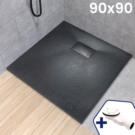 BADLAND Duschwanne 90x90x3,2 VIDAR Schwarz Verbundwerkstoff Duschtasse Quadratisch, Steinoptik, mit Ablaufgarnitur Ø 90 mm (1/5)