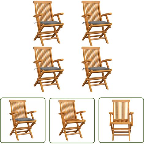 The Living Store Gartenstühle mit Grauen Kissen 4 Stk. Massivholz Teak - Gartenstühle - Teakholzmöbel - Outdoormöbel - Gartenmöbel - Balkonmöbel (1/5)