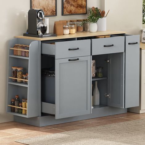 Moderne Kommode mit Mülleimerfach, offenen Ablagen und Gewürzfach, Esszimmer, MDF, Grau, 133.5 × 40 × 86 cm (1/5)