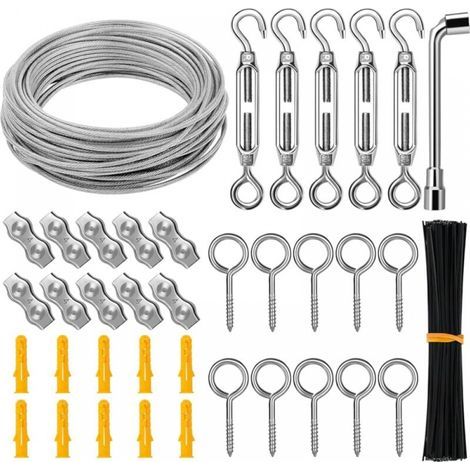 Corde Cable Acier Inoxydable à Suspendre Kit, 30M/3mm Câble Métallique, Kit de Câble de Jardin, Câble d'Image, Kit de Clôture, Câble en Acier Robuste, Tendeur Fil et Crochet, Duplex Clips Serr (1/3)