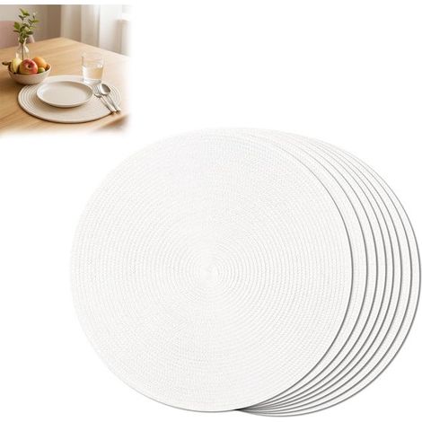 Juego de 6 manteles individuales/posavasos redondos para mesa, Impermeables y repelentes al aceite, Suaves, Diámetro: 38 cm, etc, Color blanco (1/5)