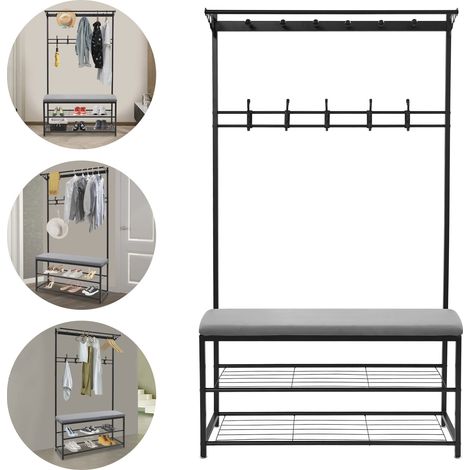 Porte-manteau avec crochets, porte-manteau robuste en métal, porte-manteau avec banc et 9 crochets amovibles, armoire multifonctionnelle pour chambre à coucher avec étagère à chaussures (noir, 100 x 3 (1/5)