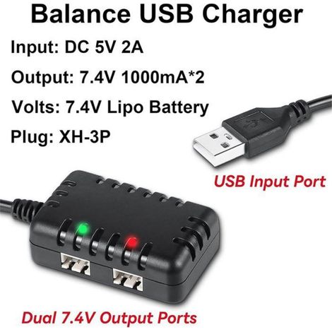 Chargeur de Batterie LiPo 7,4 V - Chargeur D'Équilibrage pour Voitures RC avec Câble USB 2 en 1 et Prise XH-3P 1 A pour Batteries 2S (1/5)