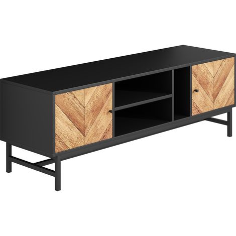 Mueble TV de 150 cm negro y efecto madera con 2 puertas, huecos abiertos y estructura de hierro (1/5)