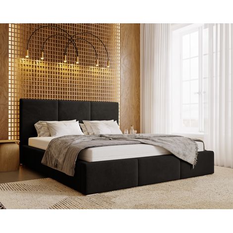 Emporius Lit double 160x200 cm Lary, rembourré, velours avec rangement, sommier, Noir (1/5)