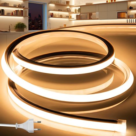 10M Ruban LED Néon Flexible Jaune 220V IP65 Silicone Découpable 10mm pour Extérieur Cuisine Salon