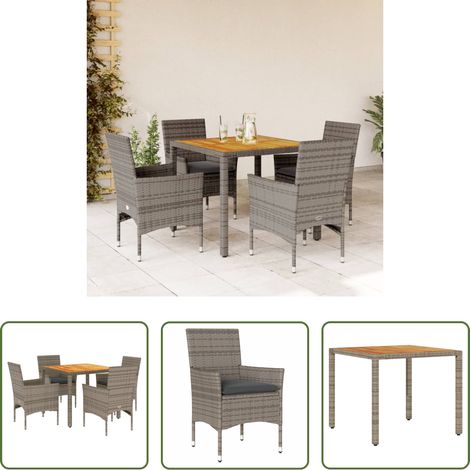vidaXL Gartenstuhl - 5-tlg. Garten-Essgruppe mit Kissen Grau Poly Rattan Akazie (1/5)