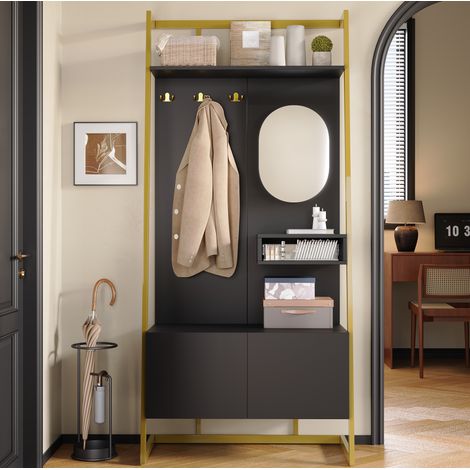 Kompaktgarderobe 78x38.5x180.5 cm Schwarz aus MDF und Metall mit Spiegel, Schuhbank und Stauraum (1/5)
