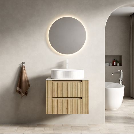 CHICFURN Mueble de lavabo suspendido 60 x 46 x 62,2 cm blanco madera clara, 2 cajones, premontado (1/5)