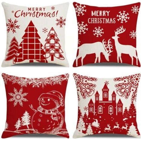 Housses de Coussin Joyeux Noël Lot de 4 Taie d'oreiller l'hiver Noël Wapiti Château Bonhomme de Neige Modèle Décoration pour Canapé Chambre Maison 45 x 45 cm