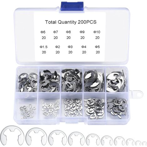 200 E-Clips Anneau de Retenue Externe Snap, Kit de Assortiment Anneau de Circlips Interne Acier Inoxydable - 1.5/2/3/4/5/6/7/8/9/10 mm (1/5)