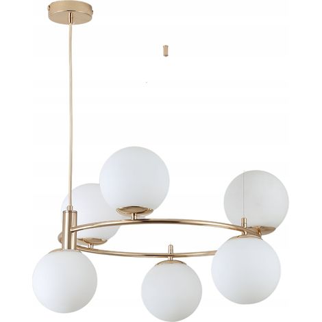 Lampadario a sospensione moderno a LED color oro lattiginoso con sfere decorative. (1/4)