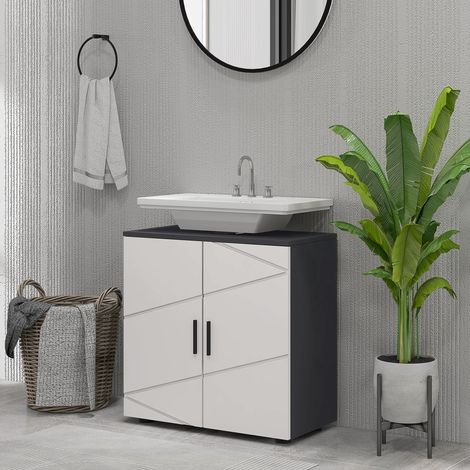 Armoire de salle bain, commode, meuble lavabo, 2 niveaux, bois, gris clair