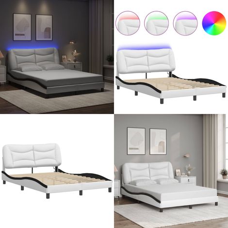 Bettgestell mit LED Weiß und Schwarz 140x200 cm Kunstleder - Bettrahmen - Schlafzimmermöbel - Doppelbett - LED Beleuchtung - Kunstleder - Home & Living