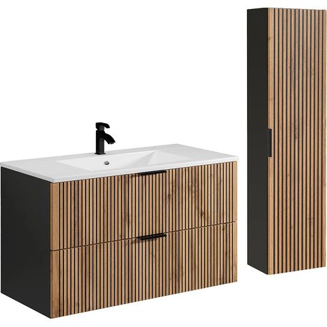 Meuble de salle de bain suspendu strié avec vasque à encastrer et colonne - Naturel clair et noir - 100 cm - MADELA