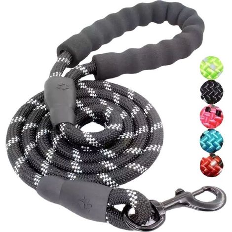 Laisse Chien, Laisse Corde pour Chien avec Poignée Rembourrée Douce, Fils Très Réfléchissants, Sacs à Déchets et Distributeur pour Chien, 1,5 m Corde Laisse pour tous les chiens de taille, Noir (1/5)