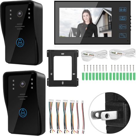 Kit de sonnette vidéo étanche 7 pouces, 2 caméras + 1 moniteur écran LCD, interphone de porte de sécurité, alimentation 100-240V prise US (1/5)