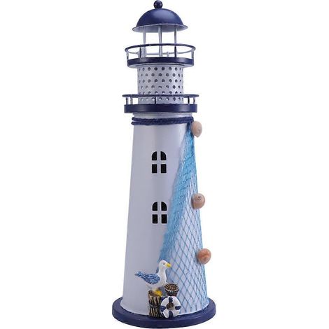 Lanterne à bougie LED en forme de phare, style méditerranéen, bougeoir en fer pour bureau, meubles et décoration intérieure-Blue