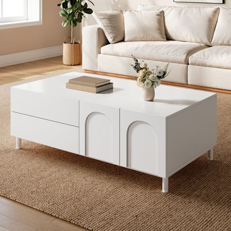 Modernluxe - Table basse rectangulaire 100x50x39,5 cm - 1 porte et 2 tiroirs - Décoration cintrée - Panneaux de particules et MDF - Blanc (1/5)