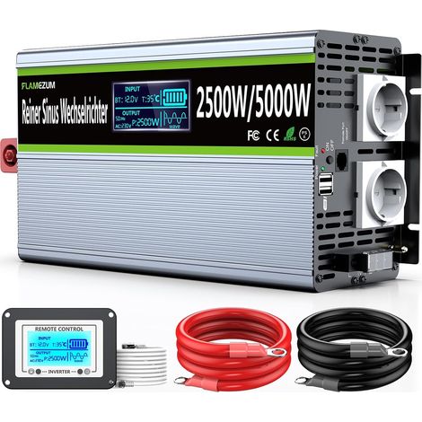 2500W Convertisseur 12v 220v Pur Sinus Onduleur - 2 Prise Française de Courant Alternatif et 2 Port USB - avec Affichage LED Intelligent, Télécommande et Deux Ventilateurs de Refroidissement (1/5)