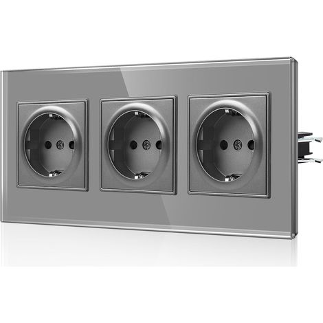 Prise Schuko avec griffes – Prise murale triple avec vitre en verre – Prise standard de l'UE 16 A encastrée avec sécurité enfant – 3 compartiments, gris (1/5)