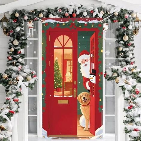Couverture de Porte de Noel,Père Noël Bannière De Porte Noël Suspendue Bannière,Noël Porte Extérieure Décoration 185x90cm (1/5)