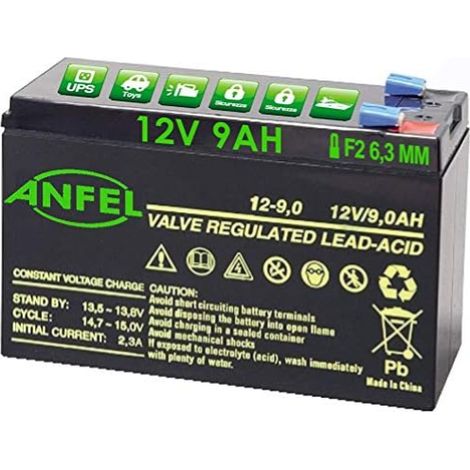 batteria piombo 12v 9ah ermetica (VRLA), adatta per UPS Gruppi di Continuita', Videosorveglianza, Sistemi di allarme, mobilita' elettrica, giocattoli, attacco faston F2 6,3mm (1/2)