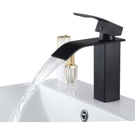 Rubinetto per lavabo a cascata nero, quadrato, per acqua calda e fredda, miscelatore per lavabo da appoggio in ottone per bagno