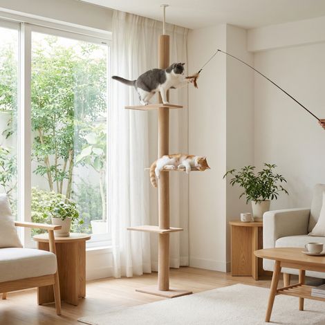 Arbre à chat poteau à griffer hauteur réglable dim. 43L x 27I x 228-260H cm 4 niveaux d'activités marron (1/5)