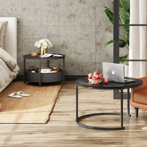 runder Couchtisch 2er-Set, Beistelltisch mit Stoffkorb, Metallrahmen und Holzplatte, nutzbar für Wohnzimmer und Balkon, holzkohleschwarz (1/5)